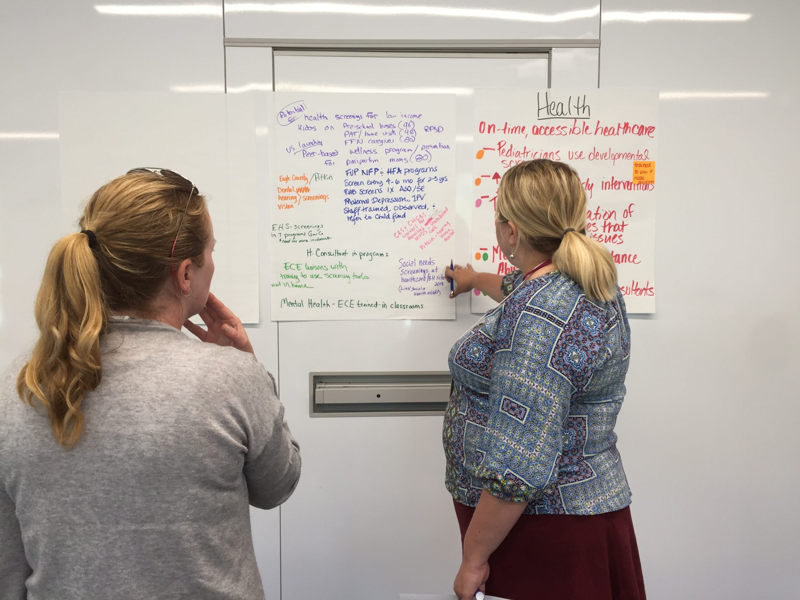 Two blonde women brainstorming with colorful markers on poster paper hanging on a wall.