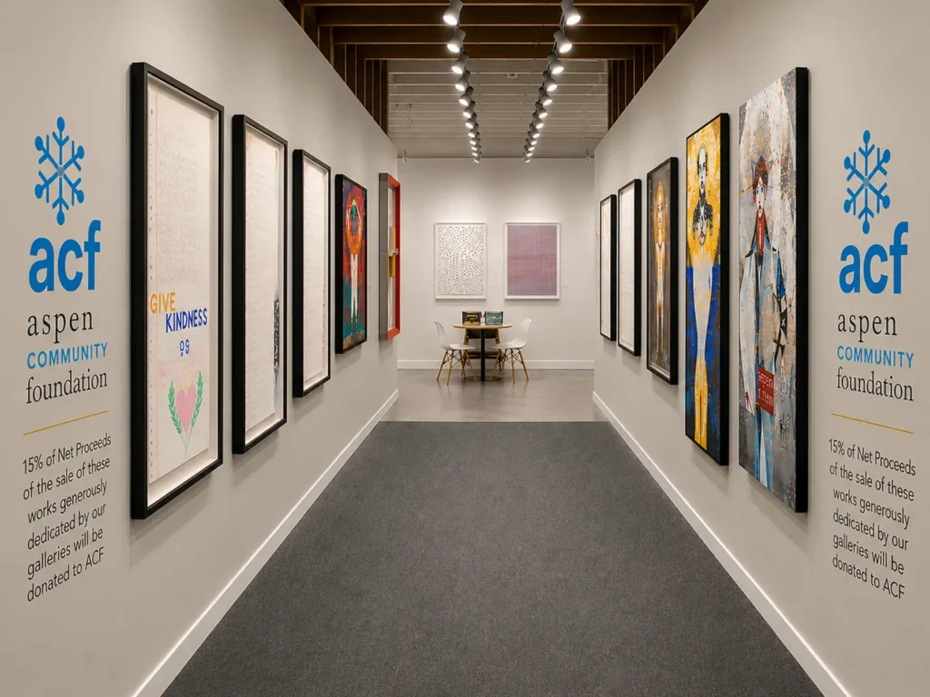 An art gallery with ACF logo and message about the cause