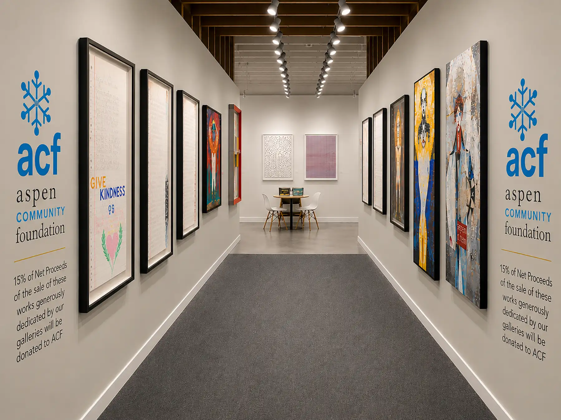 An art gallery with ACF logo and message about the cause